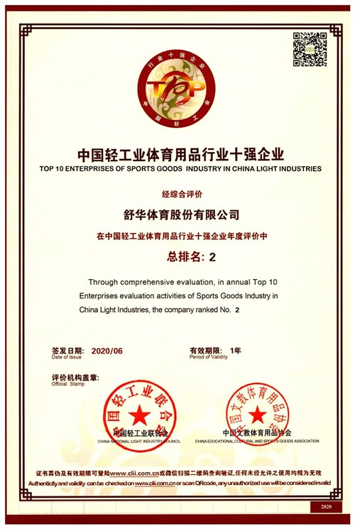 恭贺世俱杯中国官网入口代理的品牌-舒华荣获"中国轻工业体育用品行业十强企业"